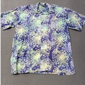 Rum Reggae Mens Medium Blue/Green Batik Graphic Print Hawaiian Button Up Shirt